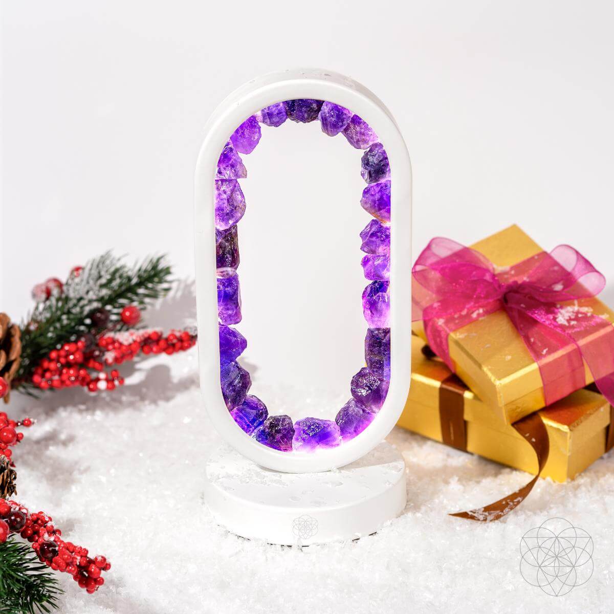 Conscious Items amethyst night light called Portal to Peace, designed for stress relief with a calming purple glow and natural stone appearance.