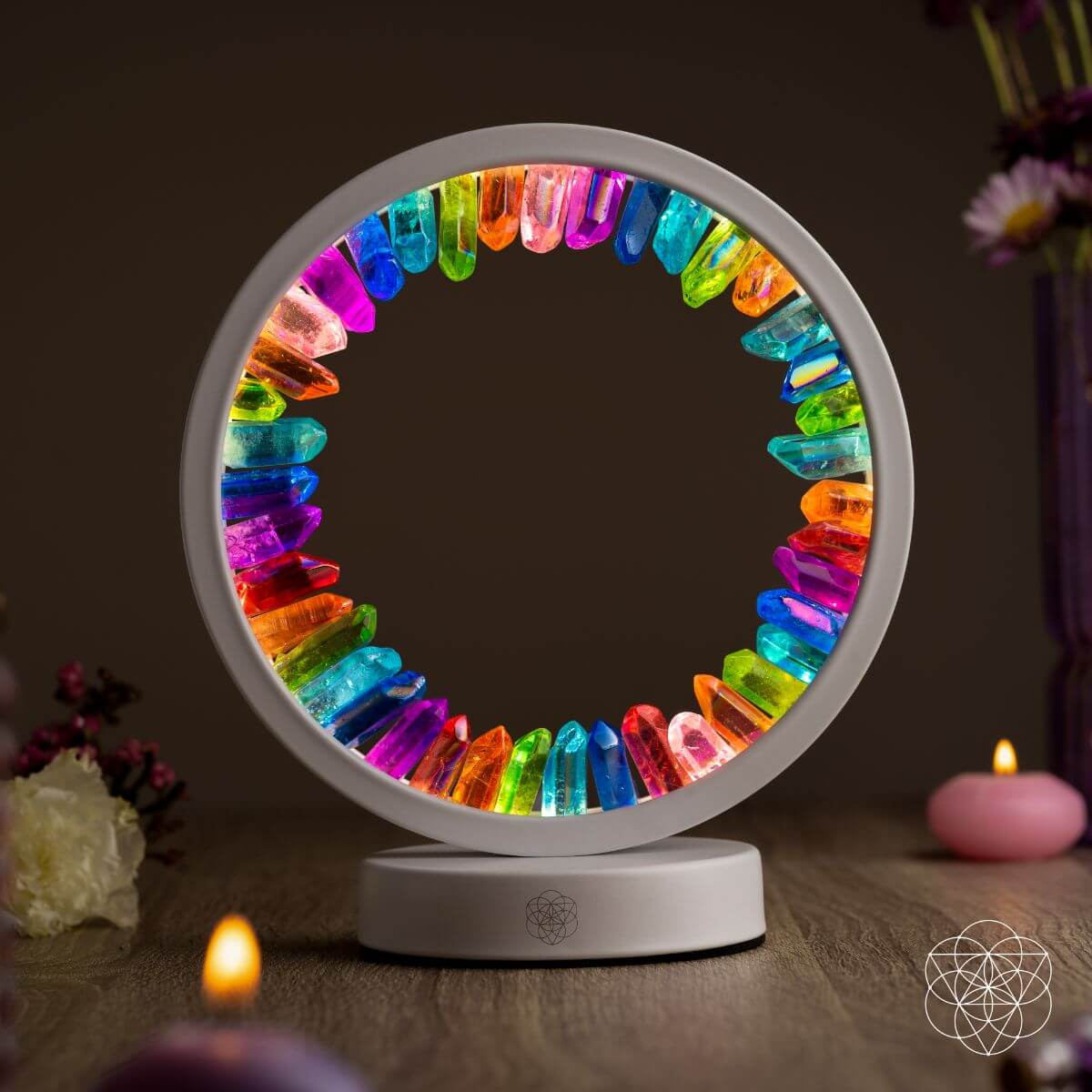 Rainbow After the Storm Clear Quartz Night Light by Conscious Items, featuring a colorful rainbow design and a glowing quartz lamp.