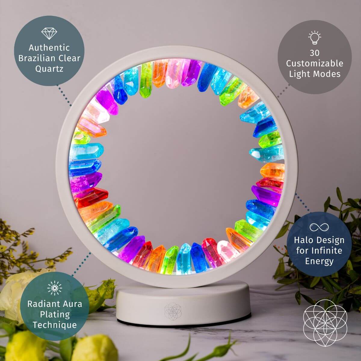 Rainbow After the Storm Clear Quartz Lamp of Hope night light by Conscious Items, featuring a vibrant rainbow-colored quartz design.