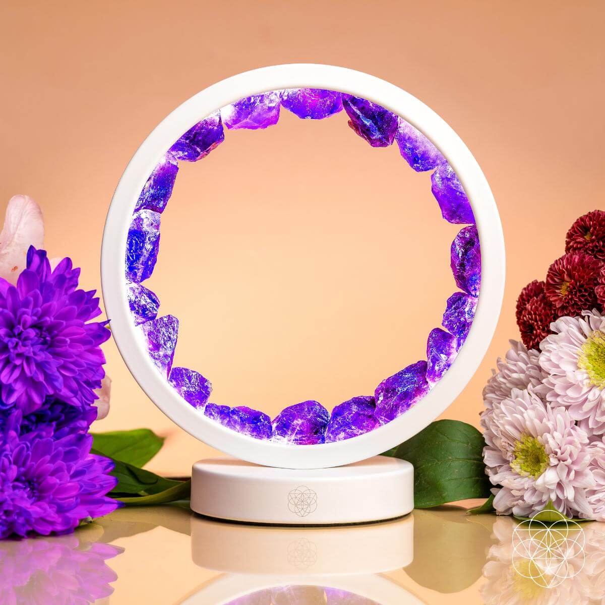 Conscious Items amethyst healing night light lamp emitting soft purple glow for stress relief and better sleep.