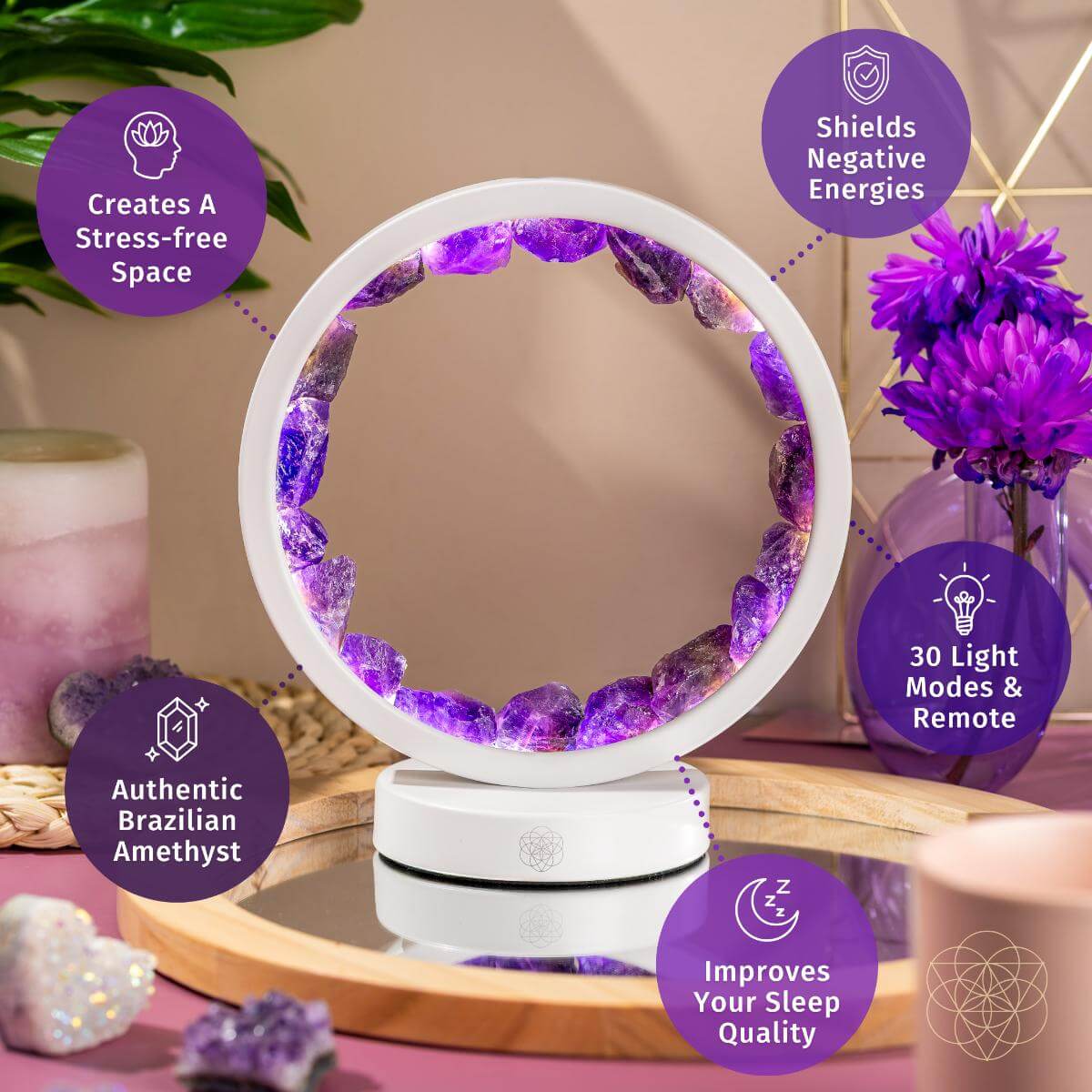 Conscious Items amethyst healing night light emitting soft purple glow for stress relief and better sleep.
