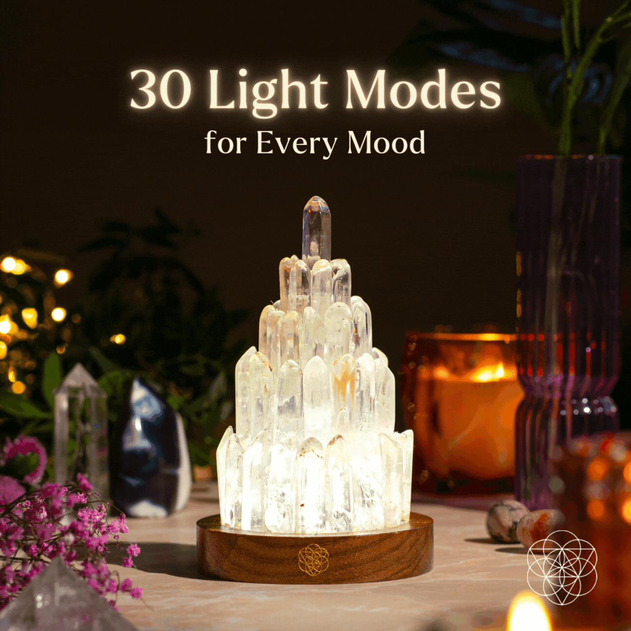 Clear quartz manifestation tower lamp night light by Conscious Items, featuring a tall, sleek crystal design for positive energy.