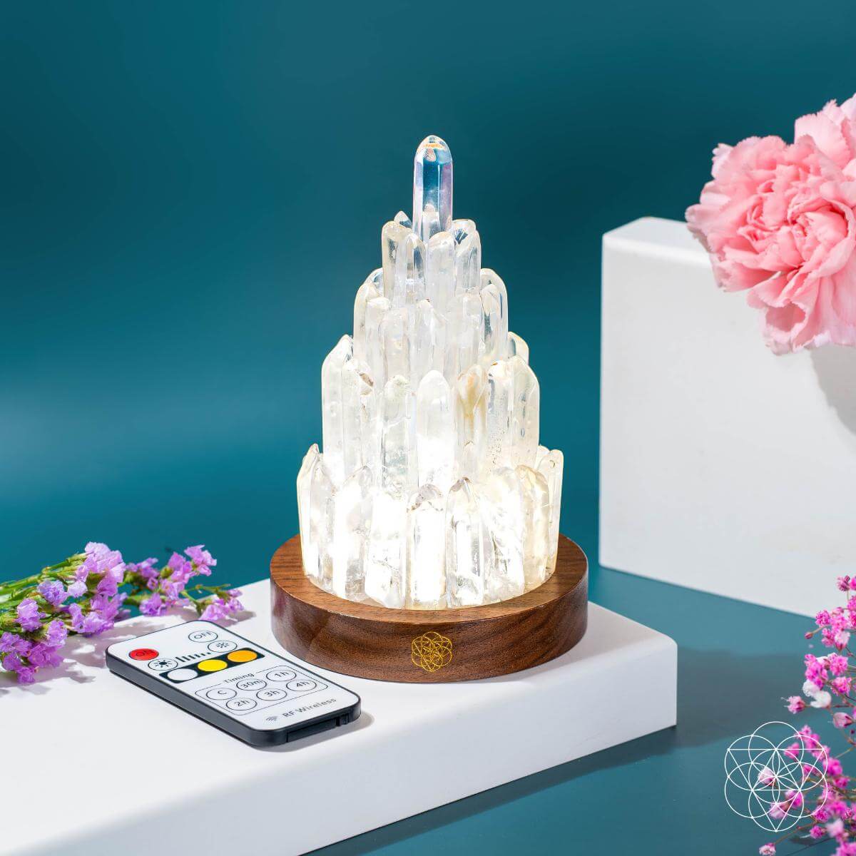 Clear Quartz Manifestation Tower Lamp night light by Conscious Items, featuring a tall, polished quartz crystal design for positive energy.
