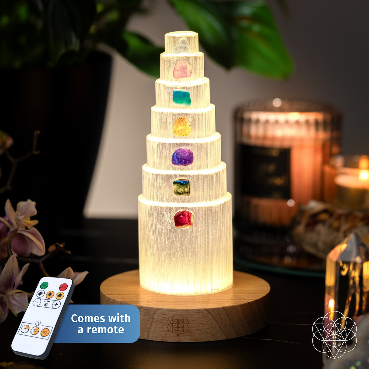 Conscious Items Stress Shield Lamp night light with 7 healing stones, designed to promote calm and relaxation in a soothing glow.