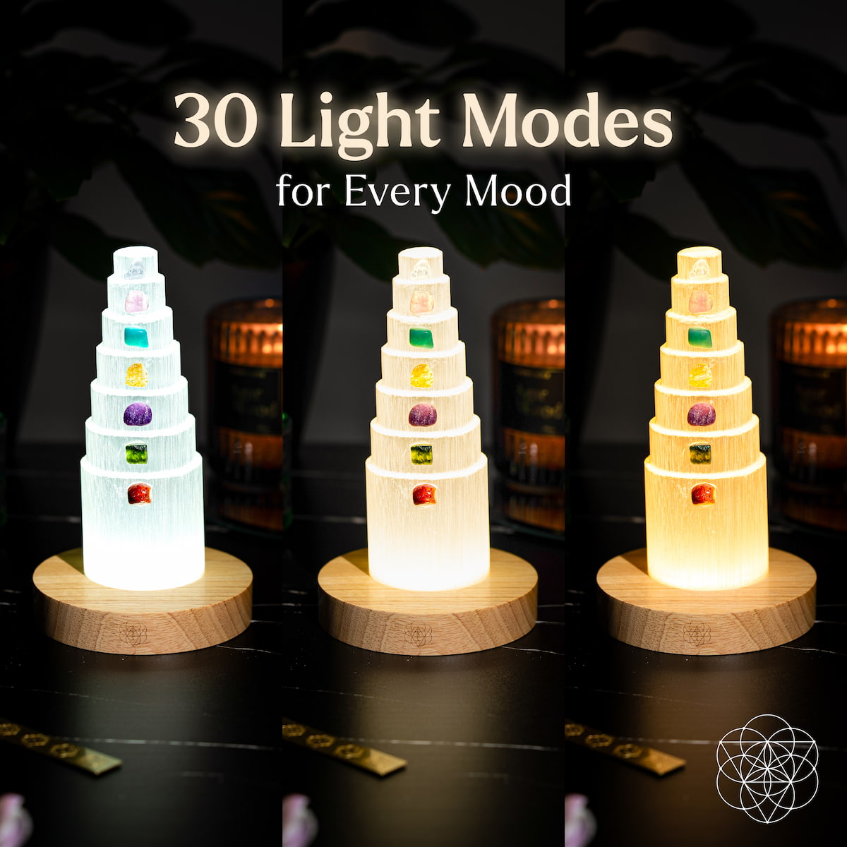 Night light featuring a glass lamp with seven healing stones, designed to promote relaxation and stress relief.