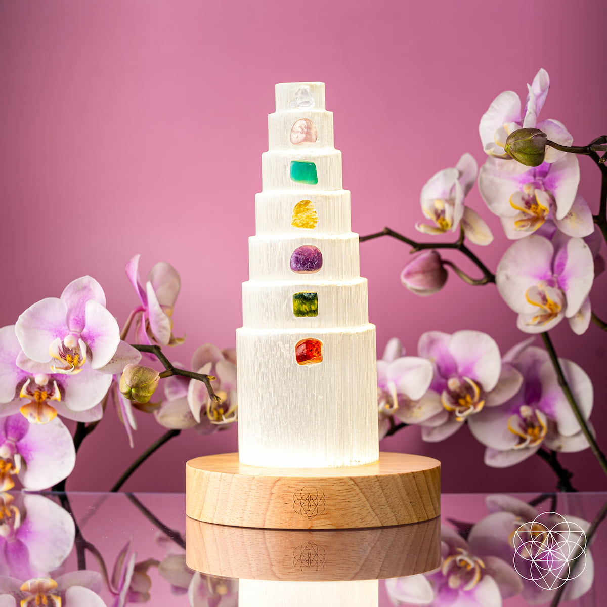 Conscious Items Stress Shield Lamp night light with 7 healing stones, glowing softly to promote relaxation and healing.