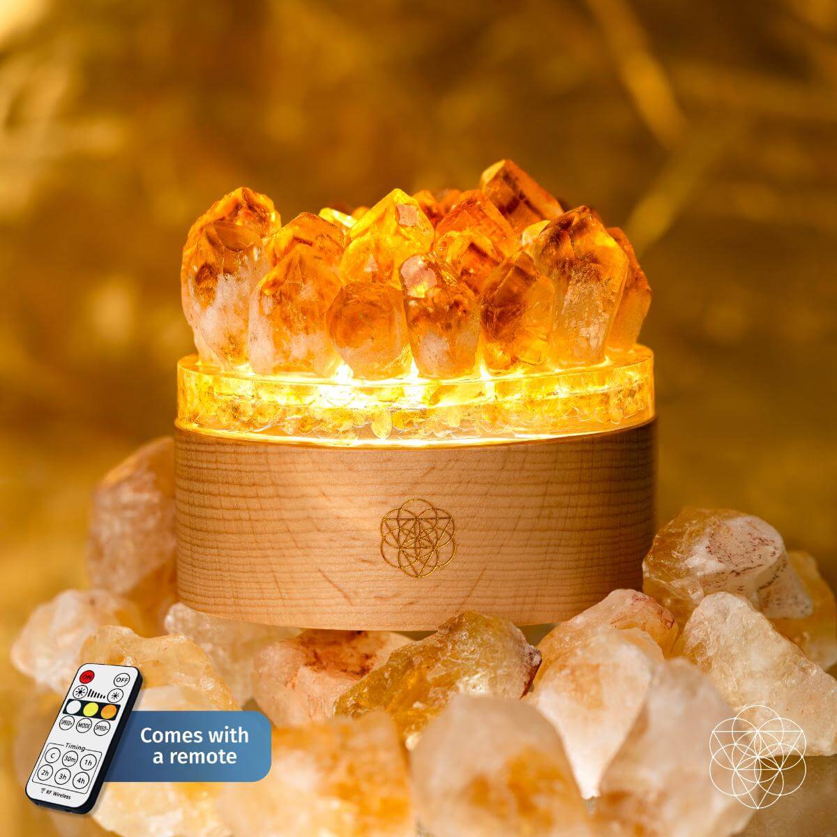 Conscious Items Midas Citrine Night Light turned on, glowing with warm amber light, designed to add a calming ambiance to a room.