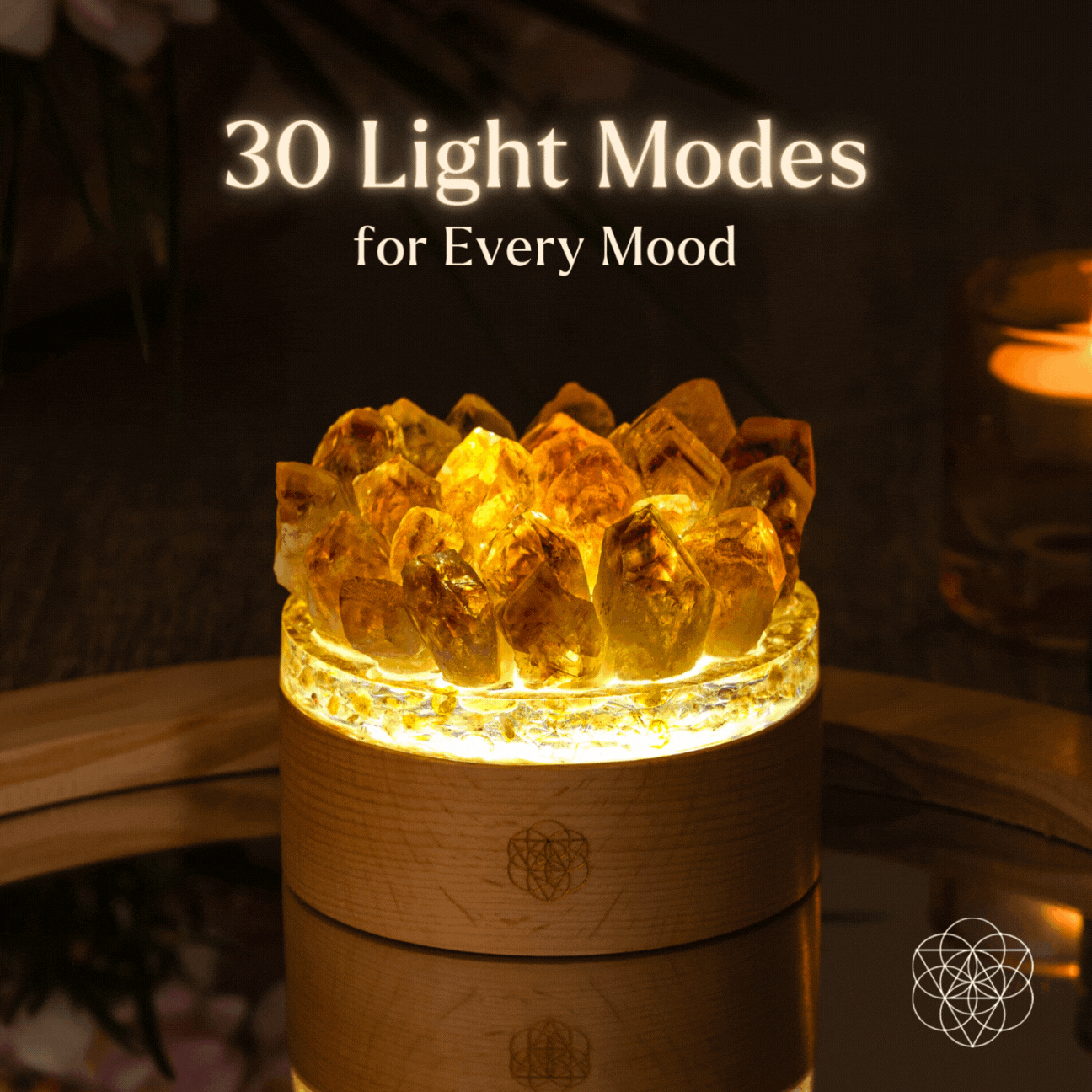 Conscious Items Midas Citrine Night Light glowing with warm amber light, featuring a gold-inspired design for ambient home decor.