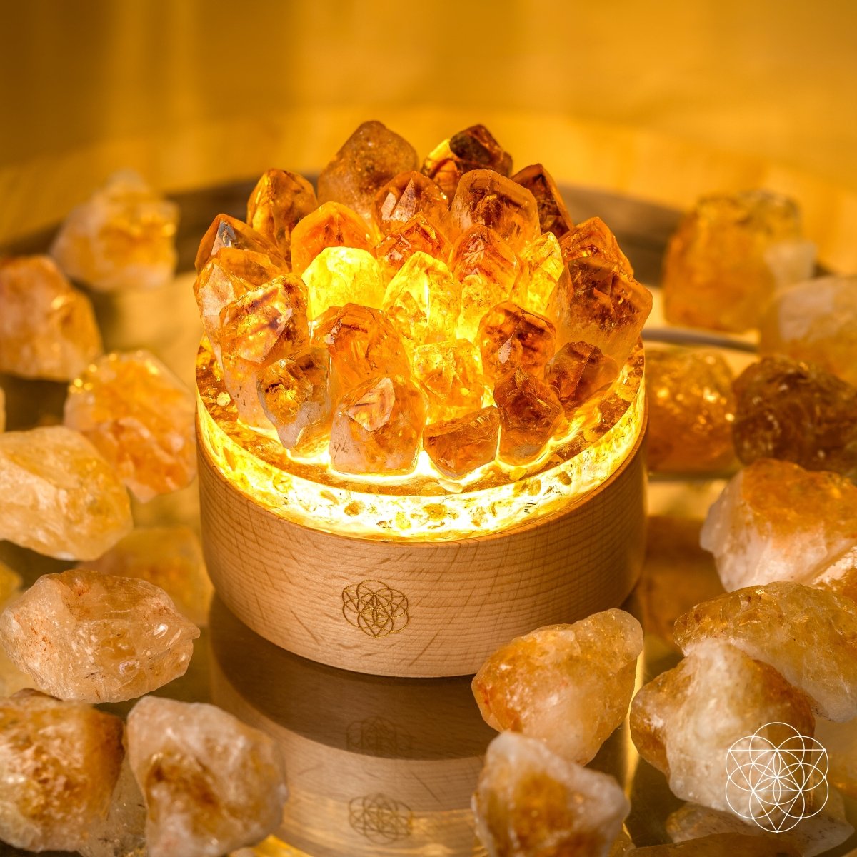 Conscious Items Midas Citrine Night Light titled "Turn My Life to Gold" glowing softly, with a warm yellow citrine hue for calming ambiance.