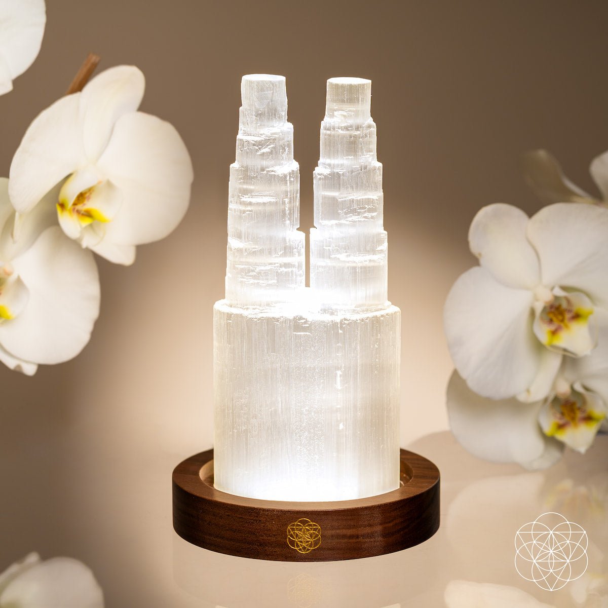 Two-Tower Selenite Lamp night light by Conscious Items, with deep energy cleansing and reset features, featuring natural selenite crystals.