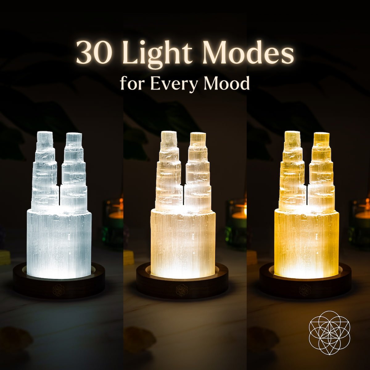 Two-tower Selenite lamp night light by Conscious Items, featuring natural white selenite crystals for energy cleansing and resetting.