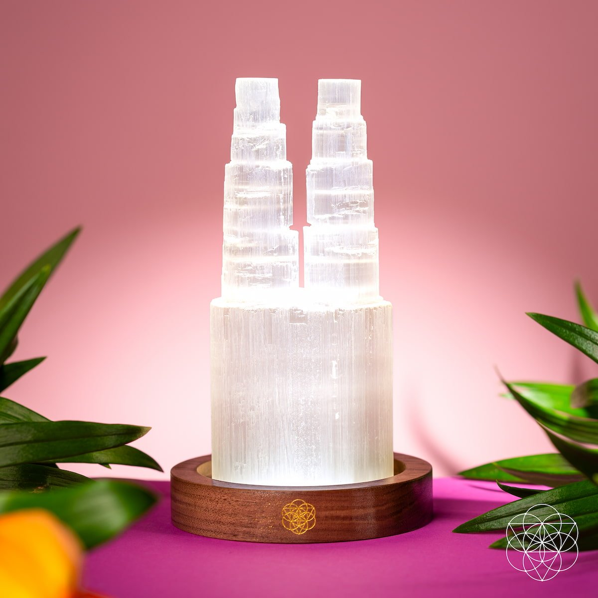 Two-tower Selenite lamp night light by Conscious Items, promoting deep energy cleanse and reset with natural stone design.