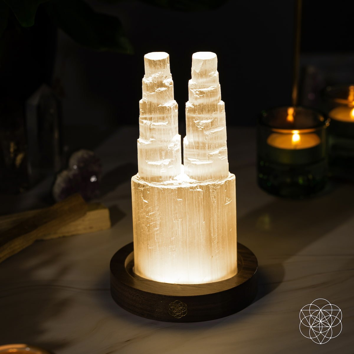 Two-tower Selenite Lamp night light by Conscious Items, designed for deep energy cleanse and reset in a calming home setting.