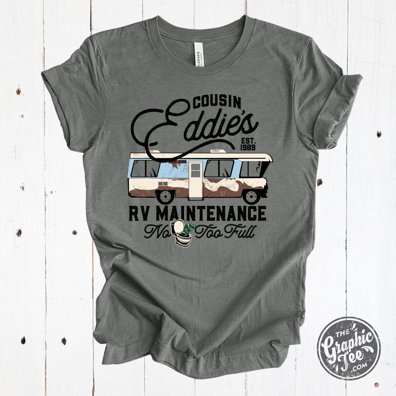 Cousin Eddie's RV Maintenance graphic short sleeve tee in deep heather, casual men's T-shirt from The Graphic Tee brand.