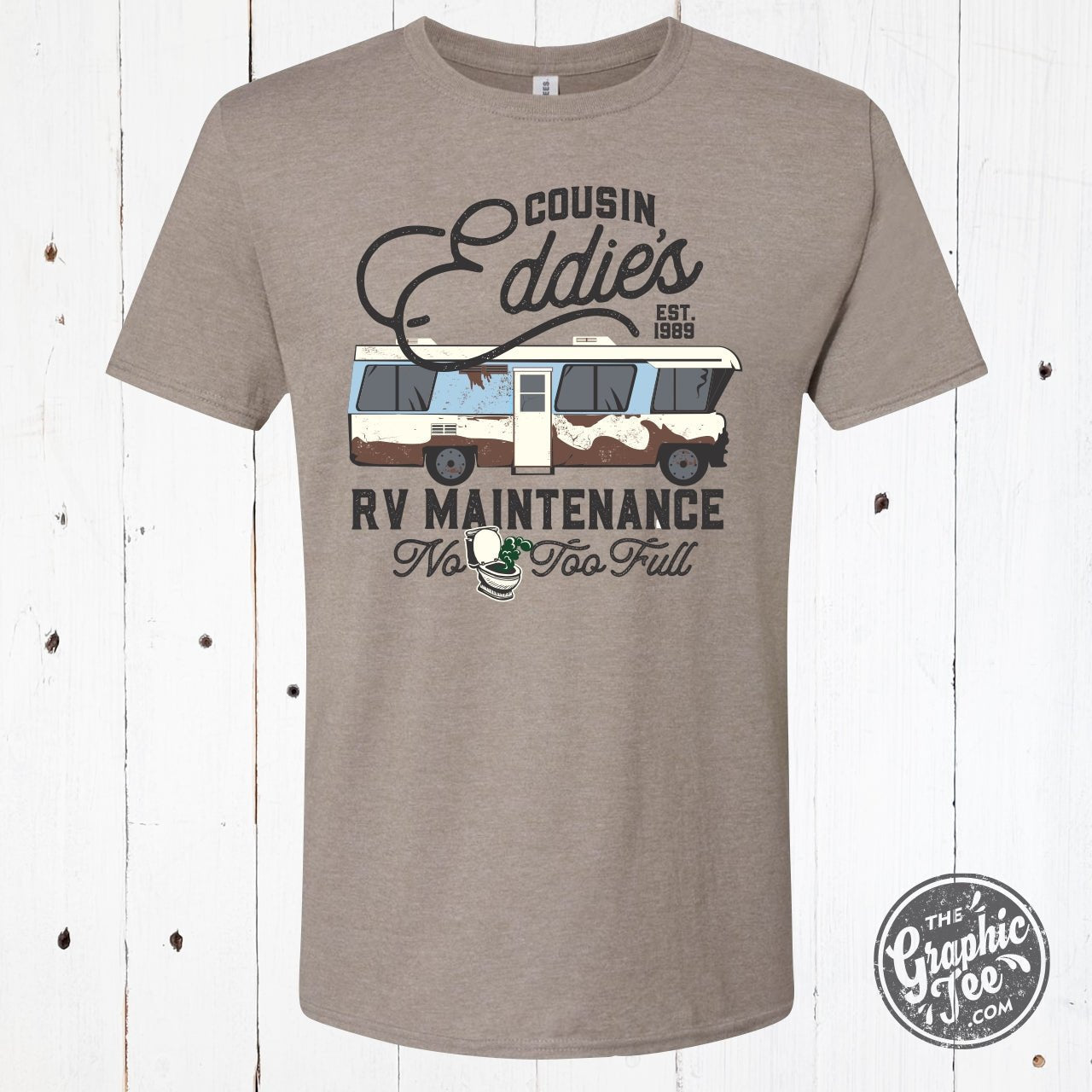Cousin Eddie's RV Maintenance short sleeve graphic tee by The Graphic Tee, featuring a humorous RV repair design.