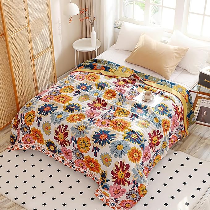 CozyNest Decor boho muslin bed blanket with daisy floral design, 80x90 inches, soft 4-layer cotton summer cooling coverlet.