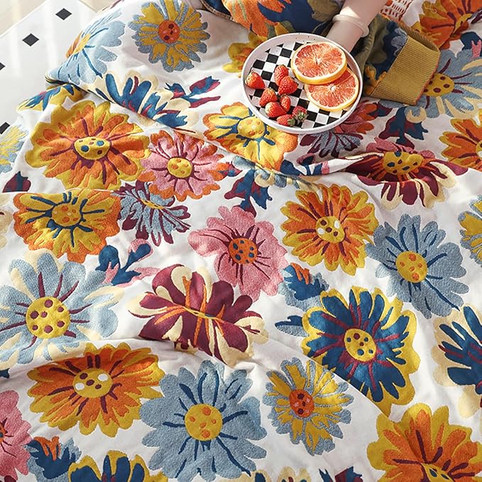 CozyNest Decor boho muslin blanket for adults, 80x90 inches, floral daisy design, soft 4-layer cotton summer bed coverlet.