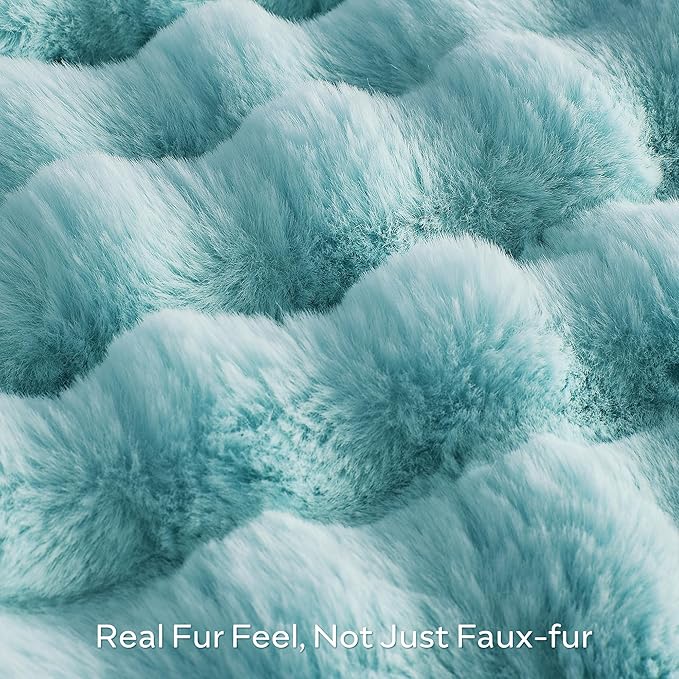 Blue Faux Fur Throw Blanket by CozyNest Decor, plush and thick twin bed blanket with cozy bubble texture for warmth.