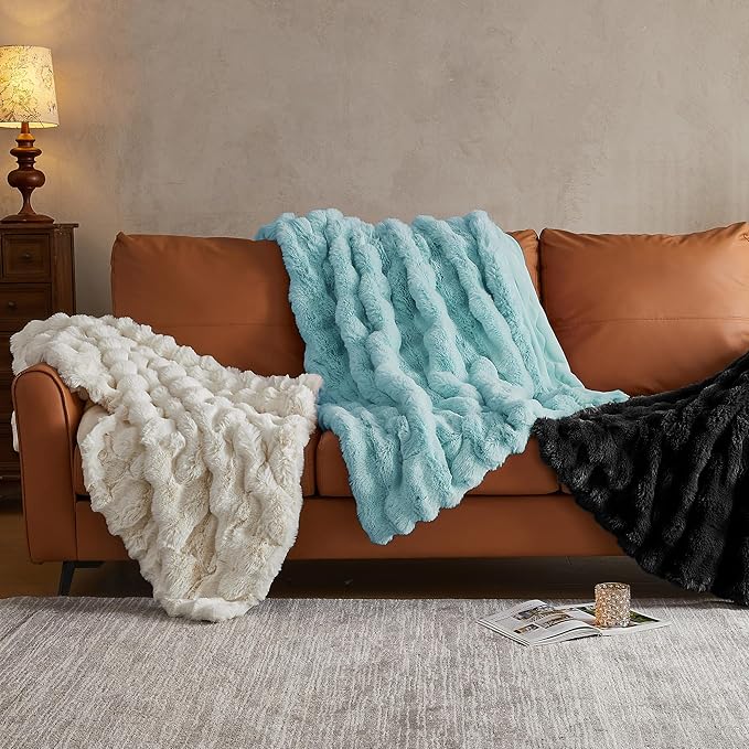 Blue Faux Fur Throw Blanket by CozyNest Decor, plush and warm twin-sized bed blanket with thick, cozy bubble texture