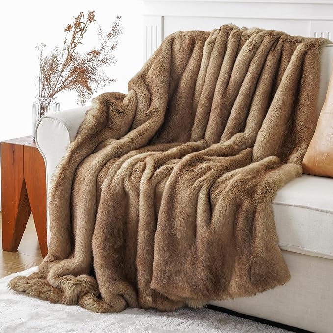 CozyNest Decor luxury ochre faux fur throw blanket with plush mink fur, soft and warm for couch, sofa, or bed decor.