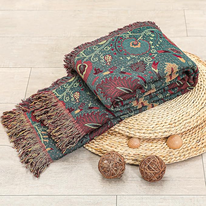 CozyNest Decor boho fall throw blanket with floral print, ultra-soft breathable cotton for bed or couch, 90 x 98 inches.