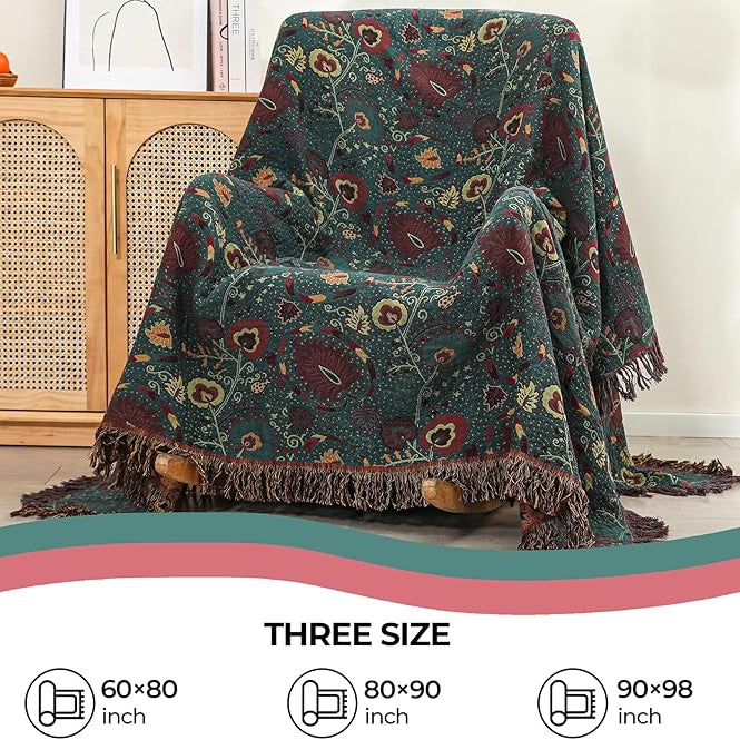 CozyNest Decor boho fall throw blanket on bed, floral printed, soft breathable 100% ultra cotton, rustic farmhouse decor, 90x98 inches