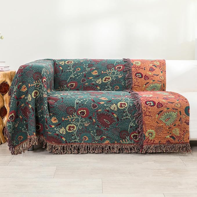 CozyNest Decor boho fall throw blanket for bed, floral print, ultra-soft breathable cotton, 90x98 inches for sofa or bed decor