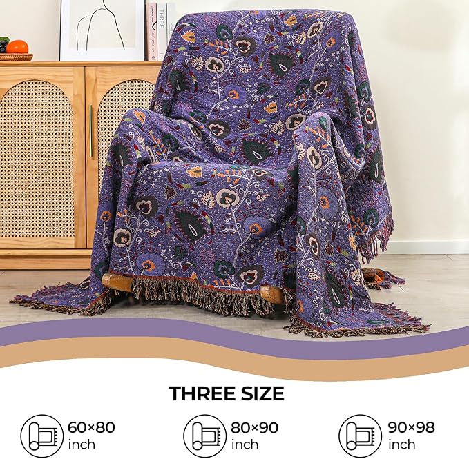 CozyNest Decor boho fall throw blanket with purple floral print, soft breathable ultra cotton for bed or couch, 90" x 98" size.