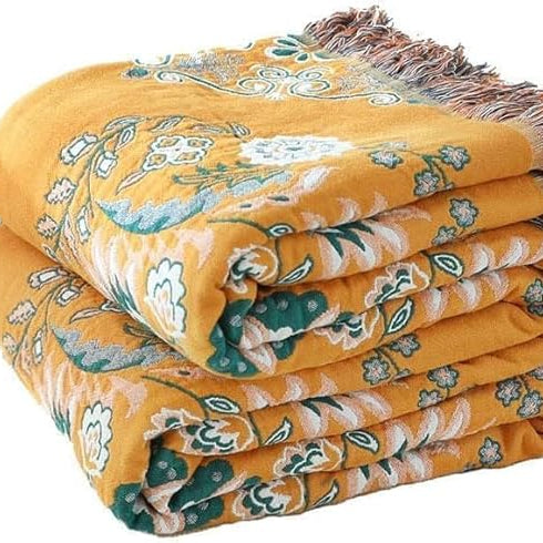 CozyNest Decor boho throw blanket with yellow floral print, 100% cotton, lightweight, breathable, 90x98 inches for bed decor.