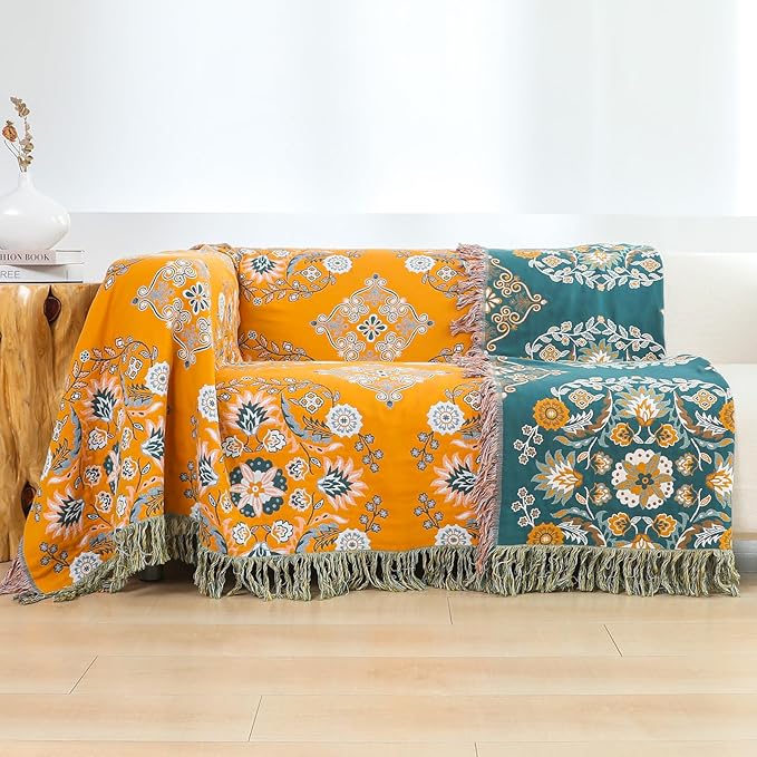 CozyNest Decor boho throw blanket for bed, 100% cotton, lightweight, breathable, yellow floral print, 90x98 inches, farmhouse decor.
