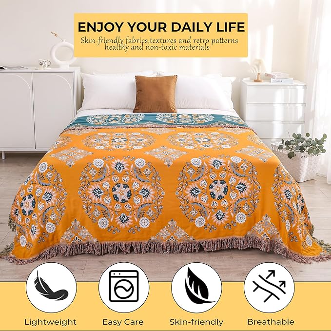 CozyNest Decor boho throw blanket, 100% cotton, lightweight and breathable with yellow floral print, 90x98 inches for bed decor