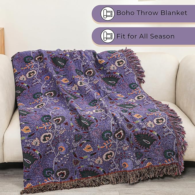 CozyNest Decor boho floral cotton throw blanket for bed, purple flower print, breathable and soft, 60x80 inches, rustic farmhouse decor