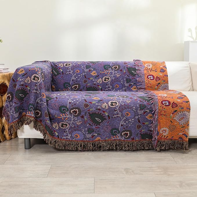 CozyNest Decor boho throw blanket with purple floral print, ultra cotton, soft and breathable, 60x80 inches for bed or sofa.