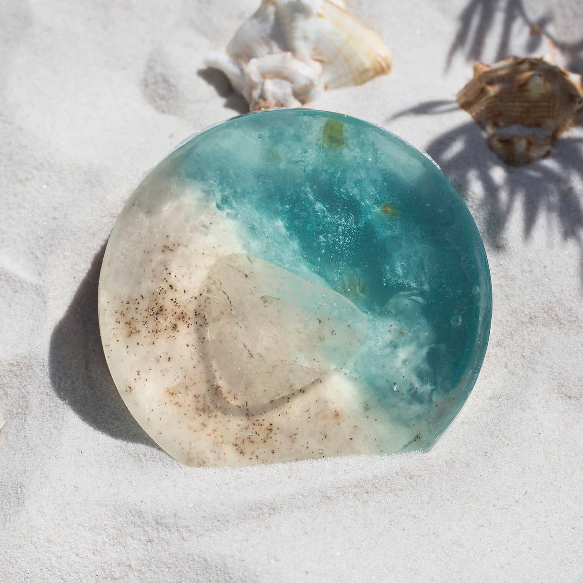 Beachy AF crystal soap by Crystal Irie, featuring a clear soap with beach-themed design and natural crystal accents.