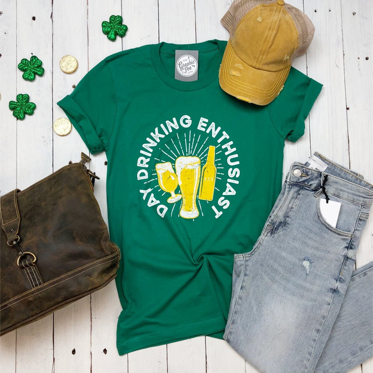Green crew neck graphic t-shirt for day drinking enthusiasts by The Graphic Tee, featuring a playful daytime drinking design.