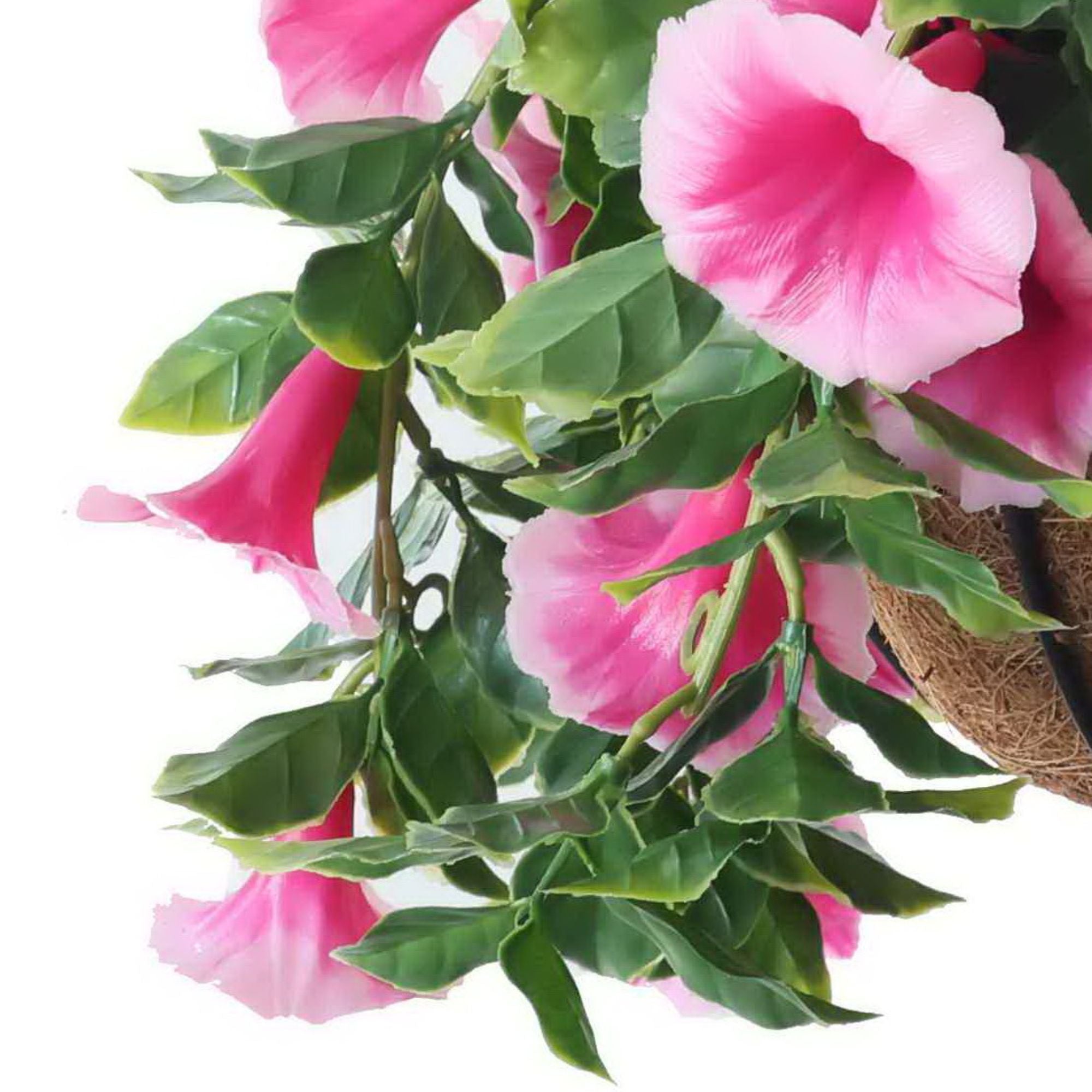 Artificial pink petunia hanging basket with vibrant, UV-resistant flowering petunias from Designer Plants USA.