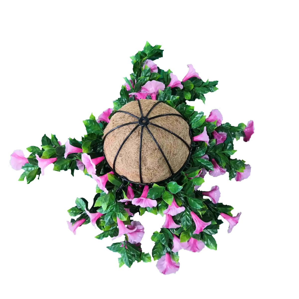 Pink artificial petunia flowering hanging basket with UV-resistant design, showcasing vibrant blooms from a bottom view.