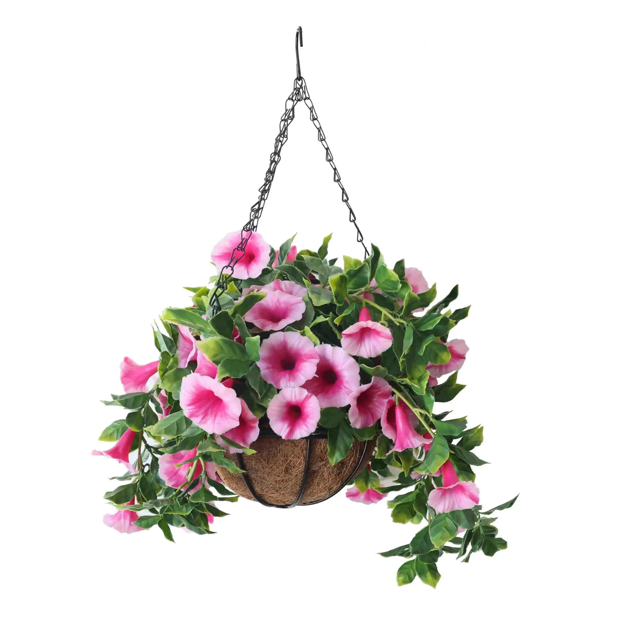 Artificial hanging basket with vibrant petunia flowers, UV resistant plastic plant from Designer Plants USA.