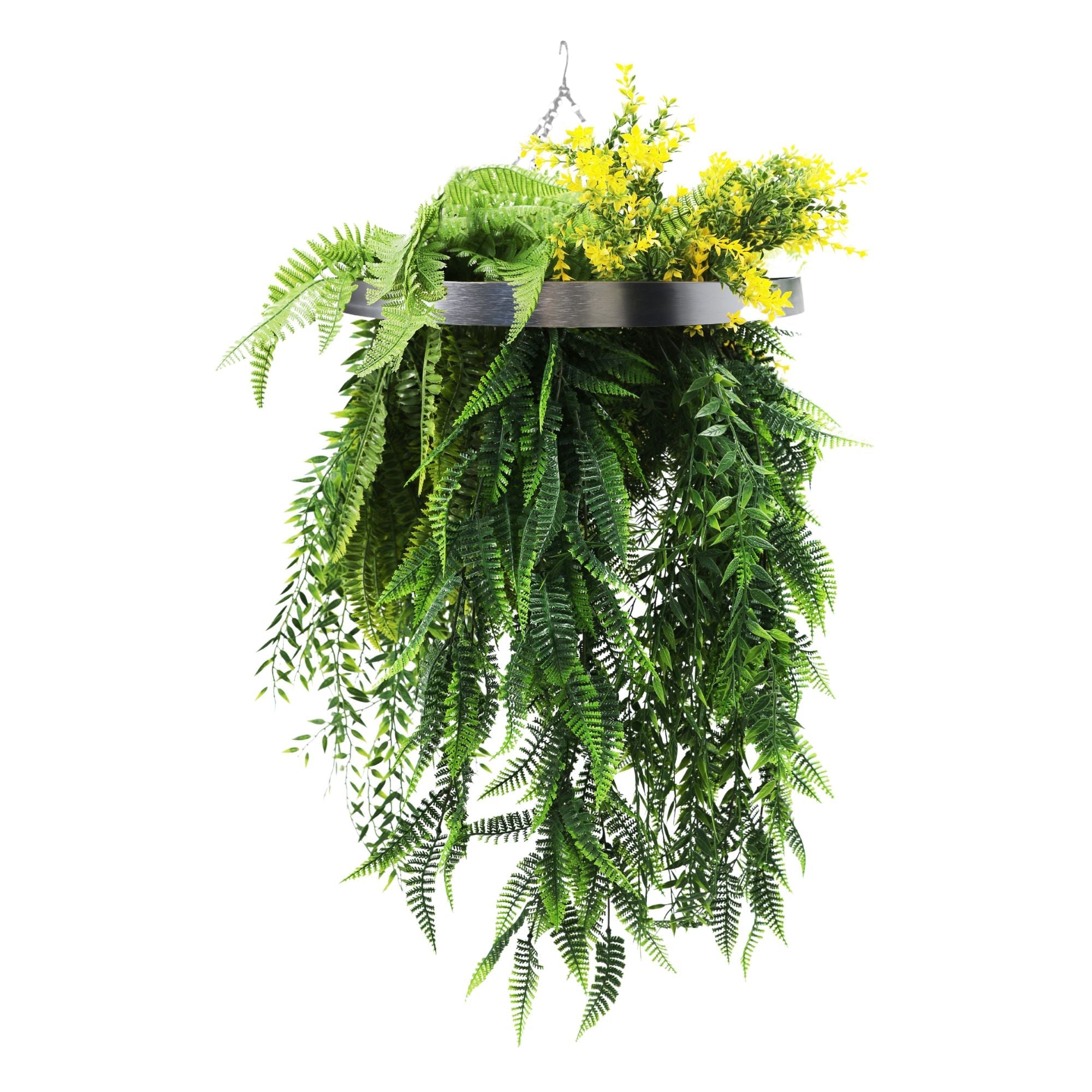 Artificial hanging plant chandelier with bright tropical foliage, draping ferns, silver frame, UV resistant, 15.75-inch circular ring.