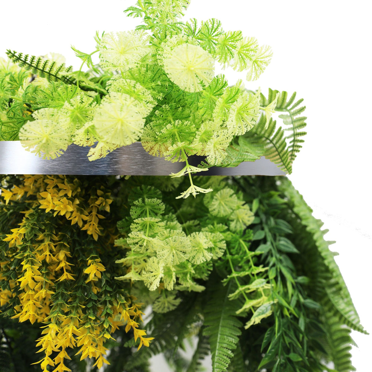 Artificial hanging plant chandelier with bright tropical foliage and draping ferns, silver ring frame, UV resistant, 15.75-inch diameter.