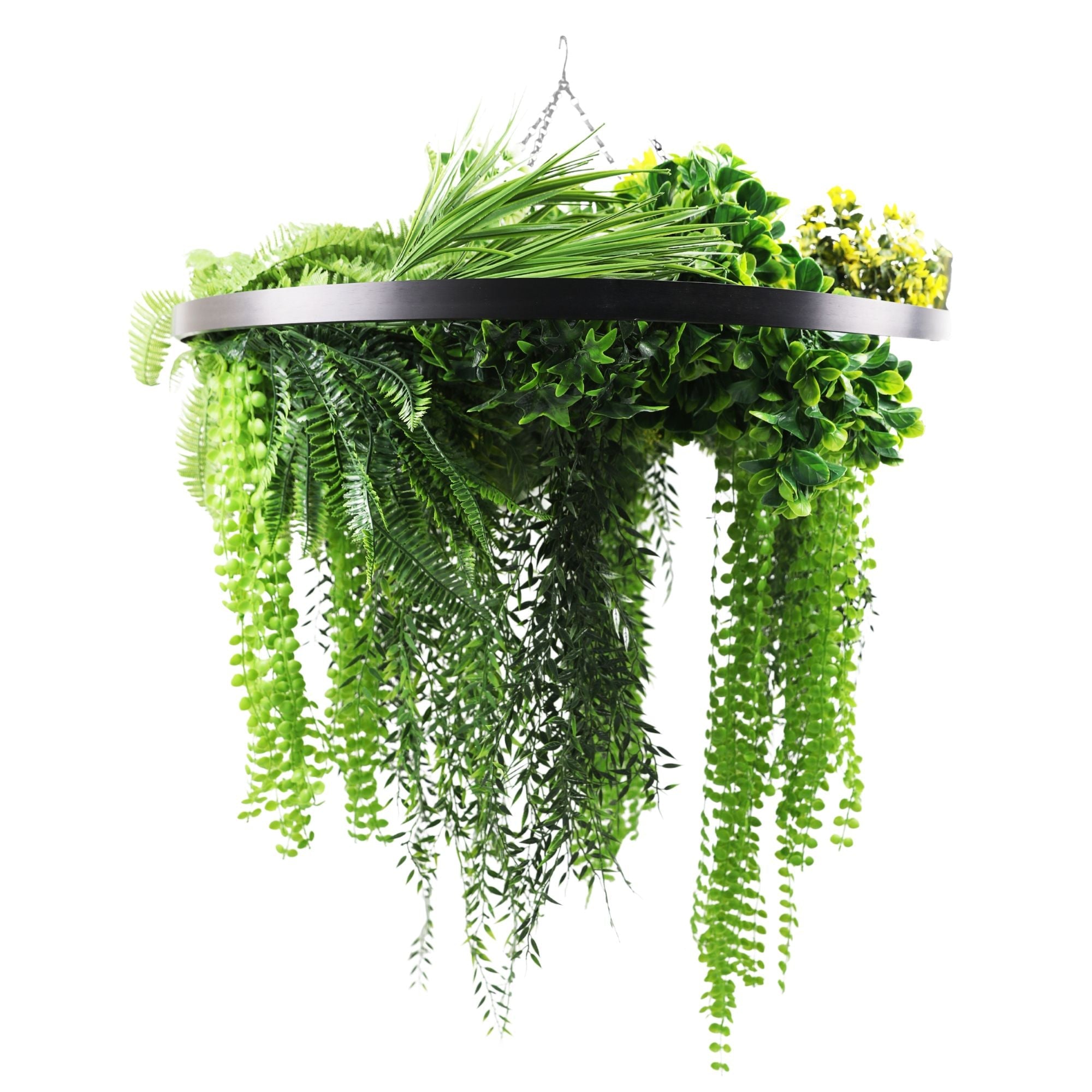 Artificial hanging fern chandelier with black frame, draping lush green ferns, UV resistant, 31.5-inch circular design.