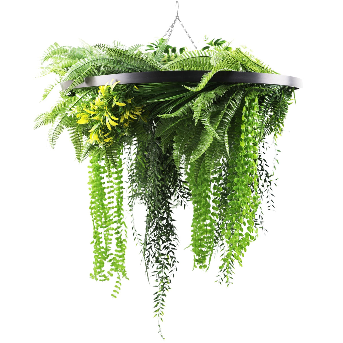 Black framed hanging planter with draping UV-resistant artificial ferns and plants, 31.5-inch circular chandelier for indoor or outdoor decor.