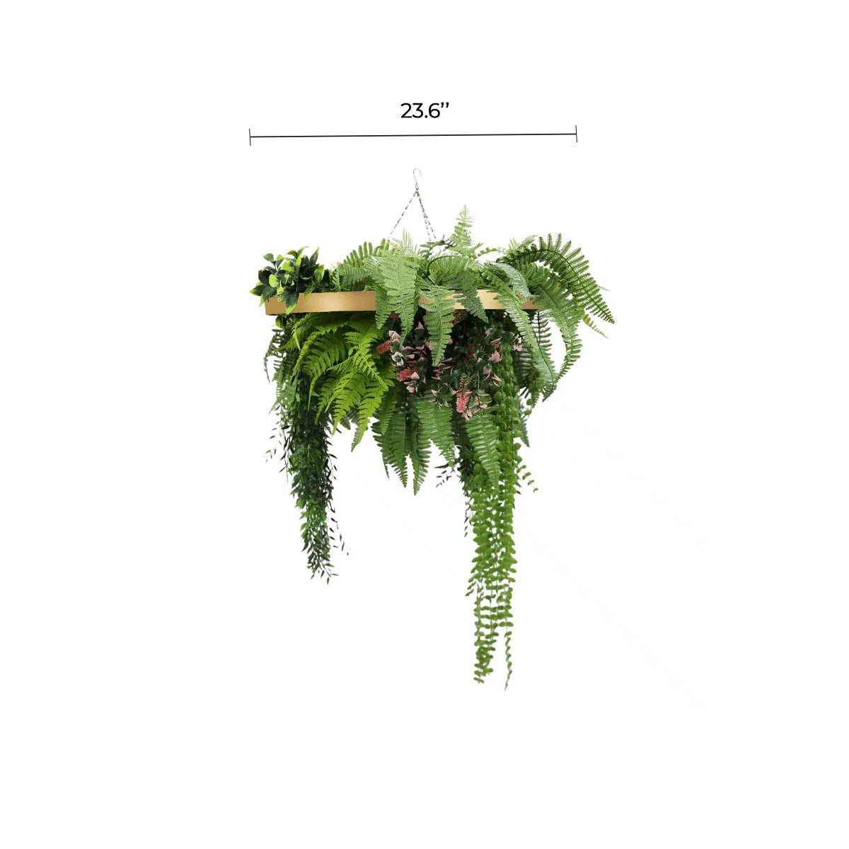 Artificial roof hanging disc with gold frame and draping life-like plants, UV resistant, 23.6 inches from Designer Plants USA.