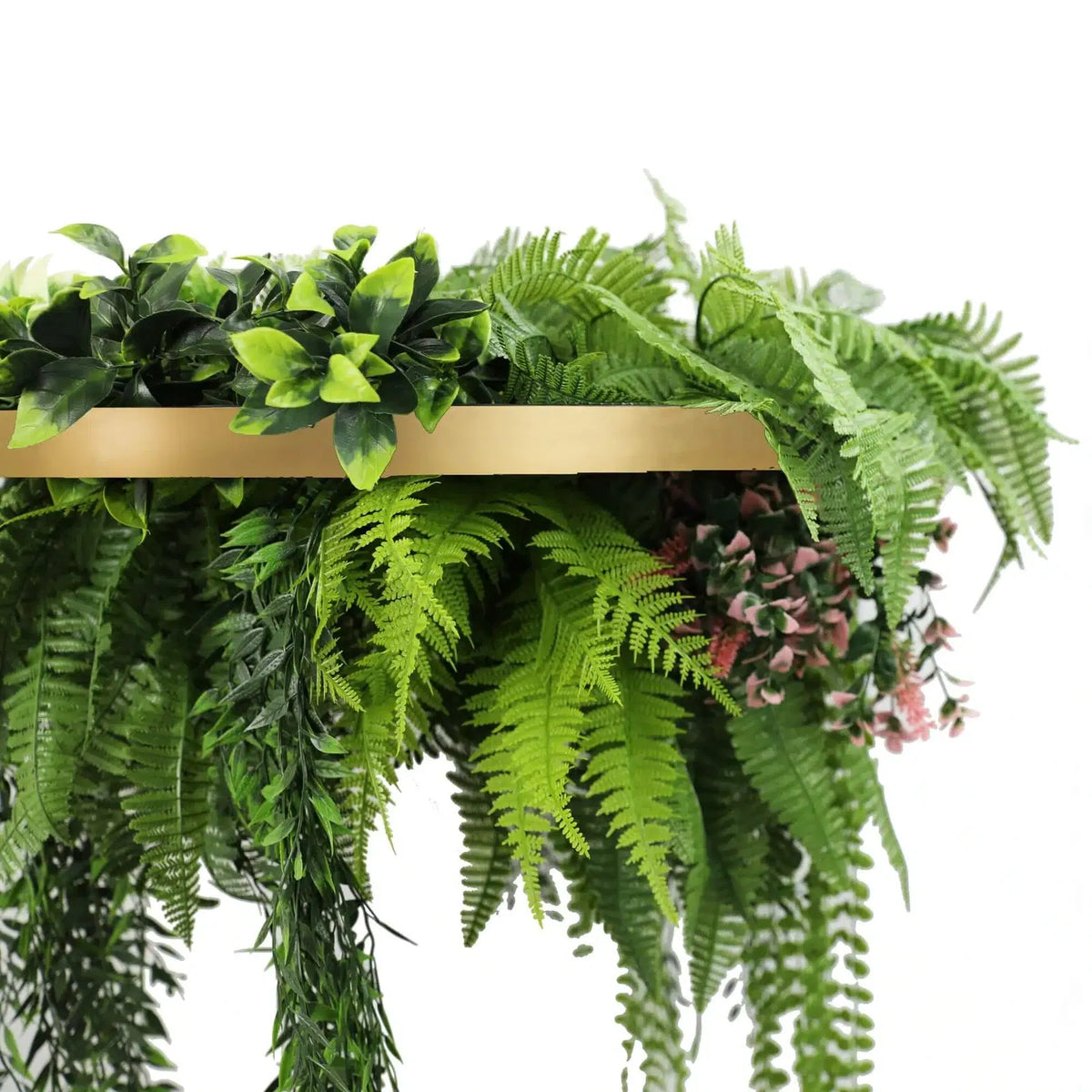 Artificial roof hanging disc with gold frame and draping faux ferns, UV resistant, 23.6 inches, from Designer Plants USA.