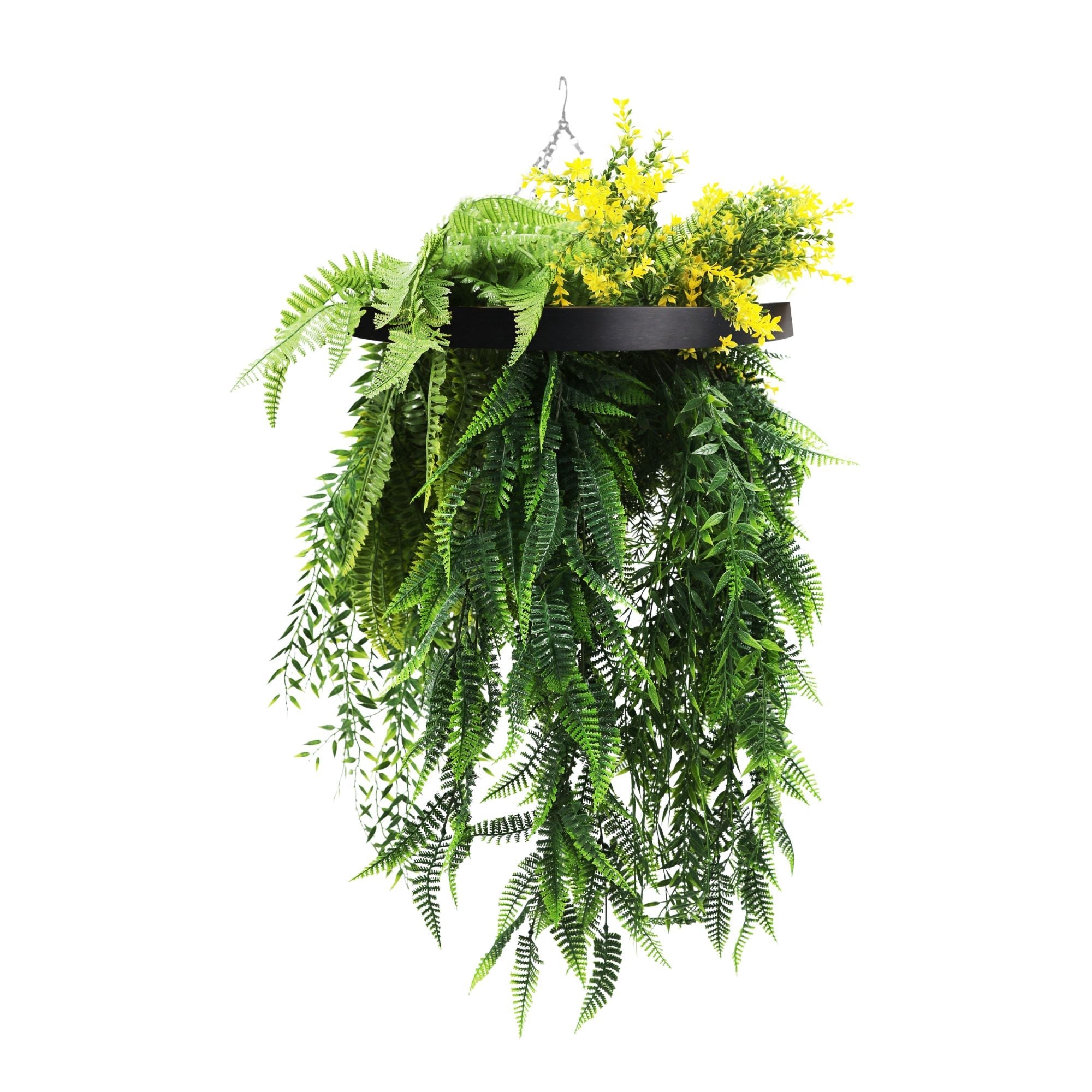 Black-framed tropical foliage hanging disc with bright leaves and draping ferns, UV resistant artificial hanging plant by Designer Plants USA