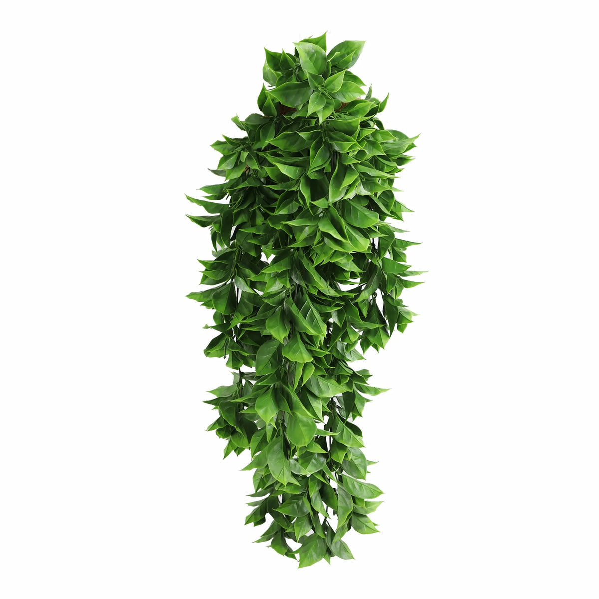 Artificial hanging flower bush by Designer Plants USA with dense greenery, UV resistant, fire-rated NFPA701, measuring 10.6×28.5 inches.