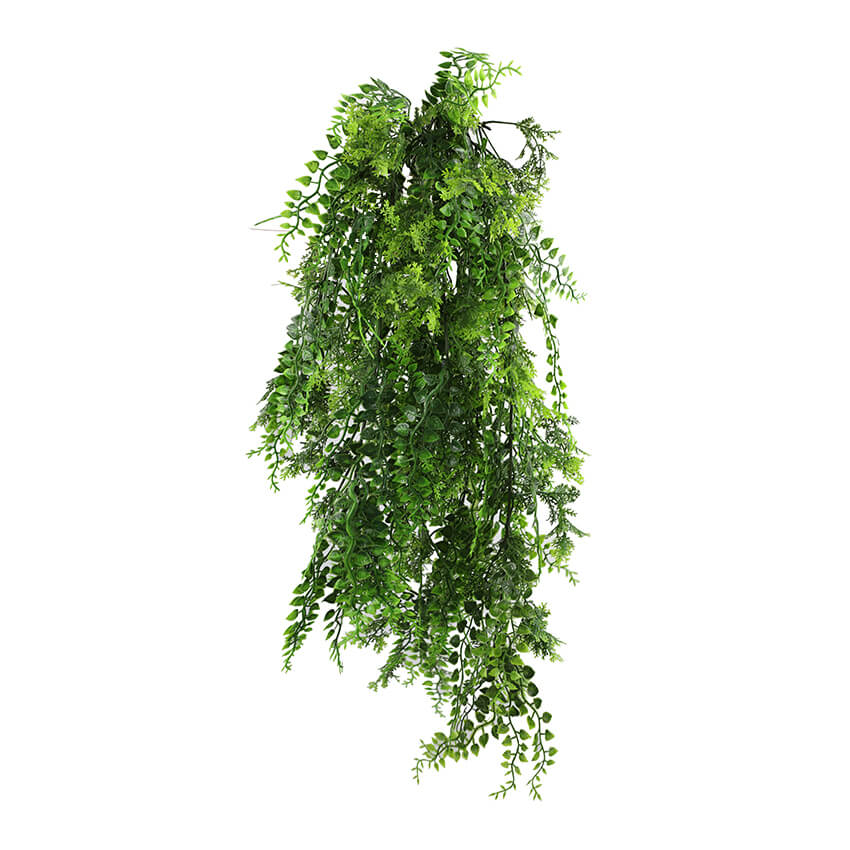 Artificial dense tropical fern hanging plant, 30 inches tall, UV resistant, from Designer Plants USA, ideal for outdoor decor.