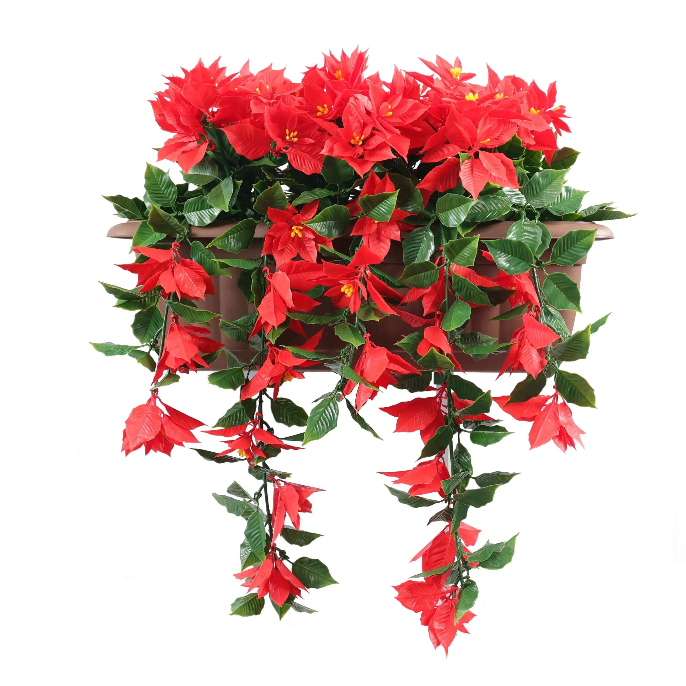 Artificial draping poinsettia in a 20x14 inch UV-resistant window box planter, designed for hanging decor by Designer Plants USA.