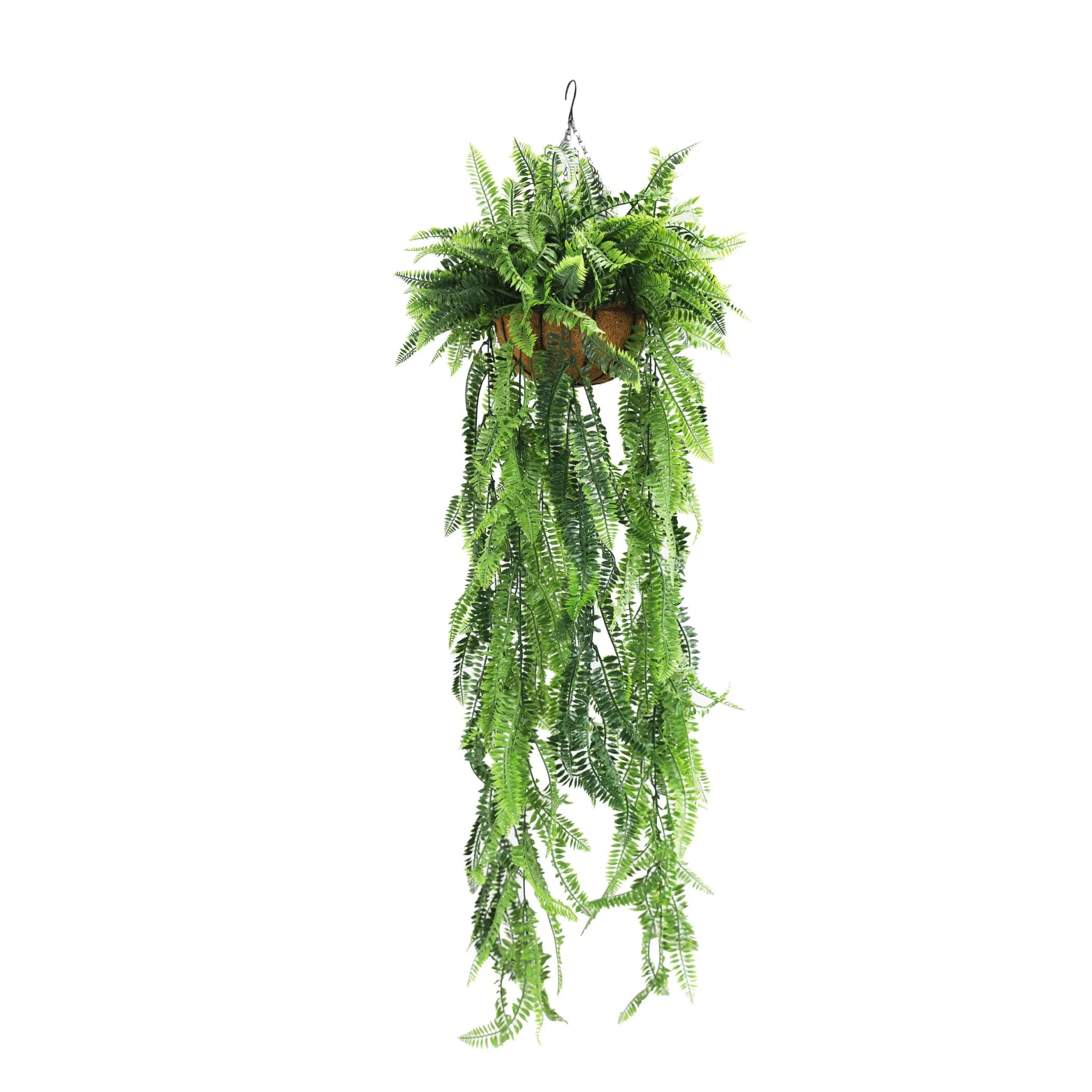Artificial fern hanging basket from Designer Plants USA, UV resistant, 13.8x49.2 inches, lush green indoor or outdoor decor.