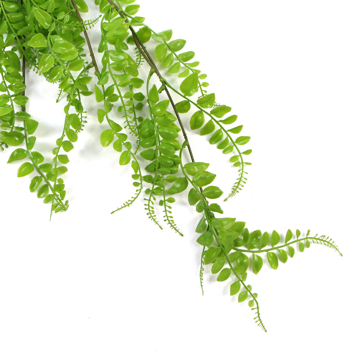 Light green artificial button fern hanging plant with long leaves, UV resistant, 31 inches tall, designed for indoor or outdoor decor.